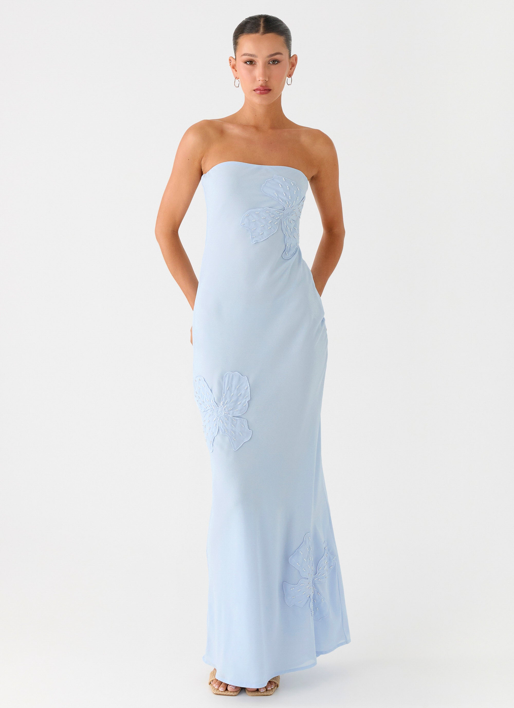 Sassafras Beaded Flower Strapless Maxi Dress - Blue