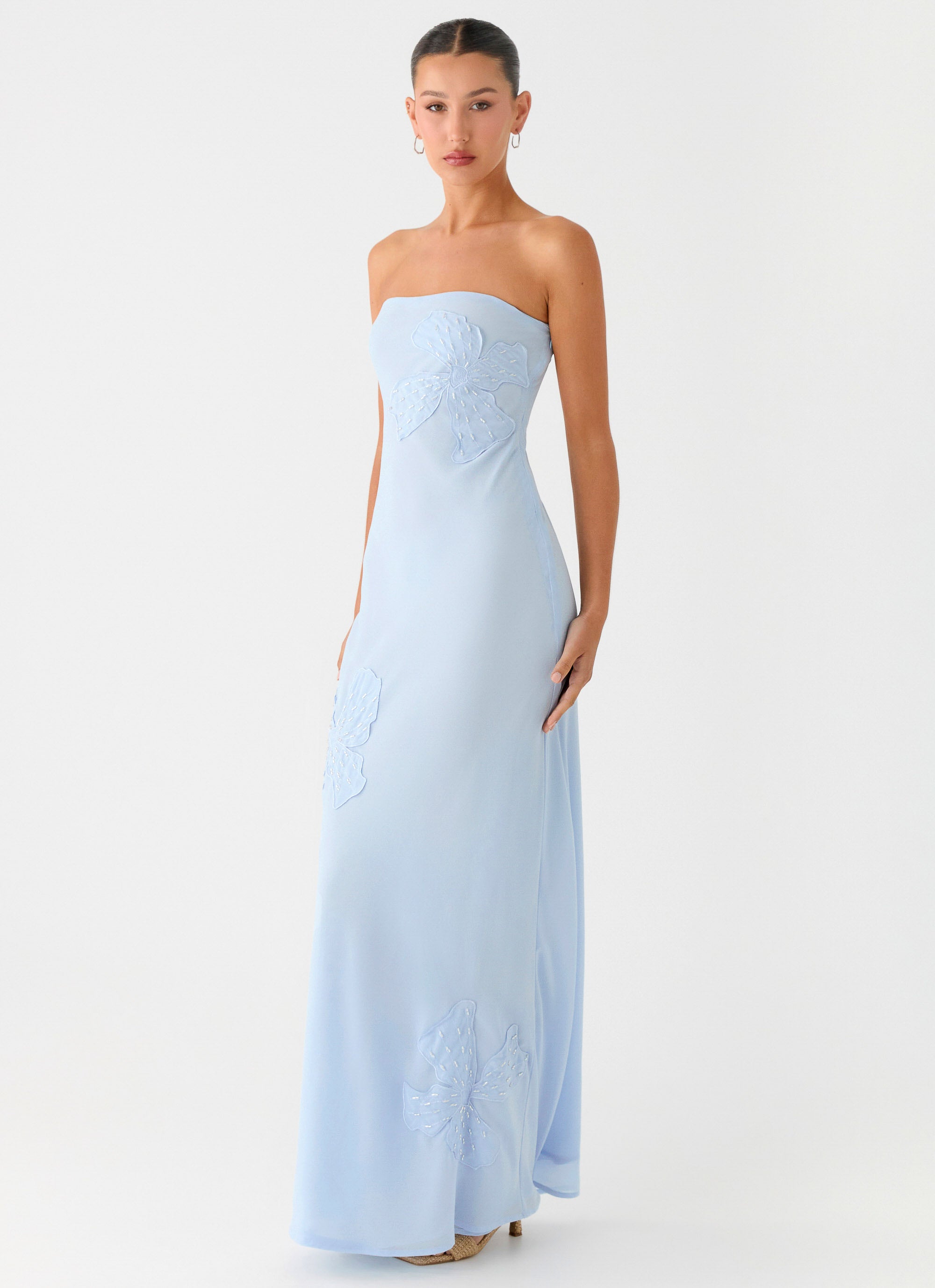 Sassafras Beaded Flower Strapless Maxi Dress - Blue