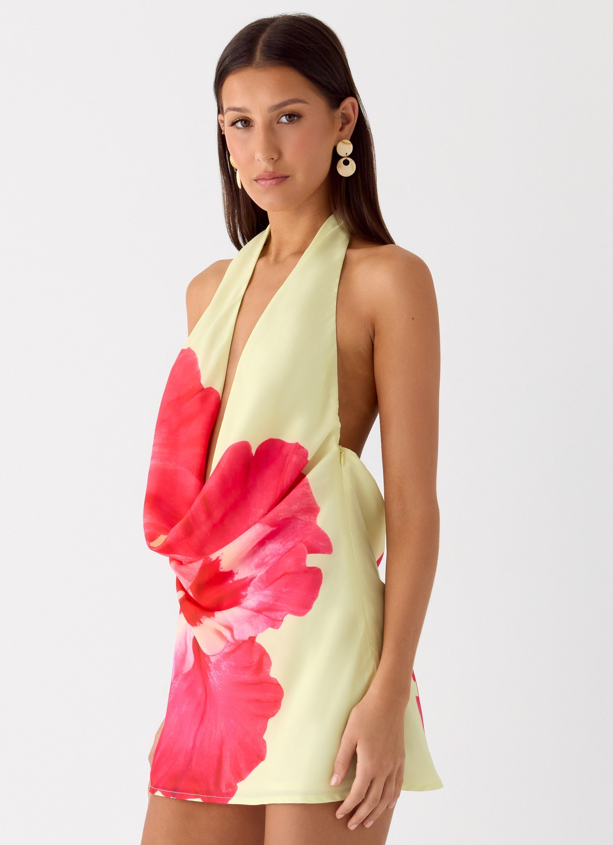 Varindra Cowl Mini Dress - Yellow Floral Spritz