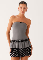 Yerin Strapless Frill Mini Dress - Grey Polkadot